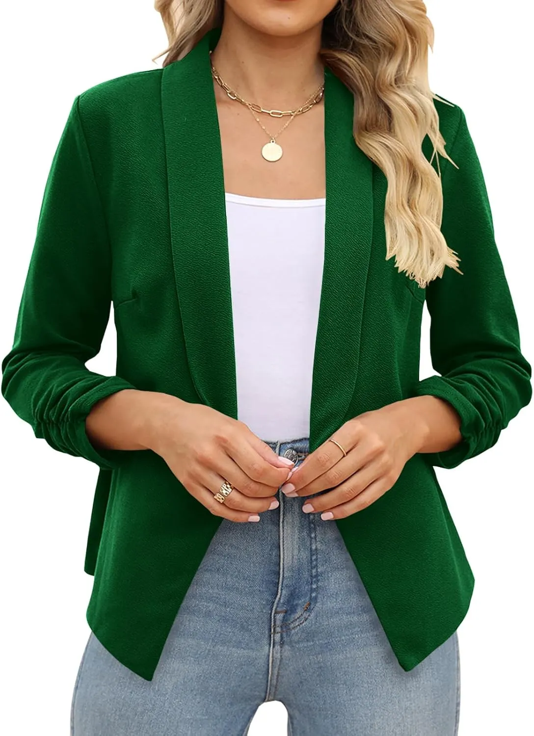 POGTMM Women 3/4 Sleeve Blazer Open Front Cardigan Jacket Work Office Blazer