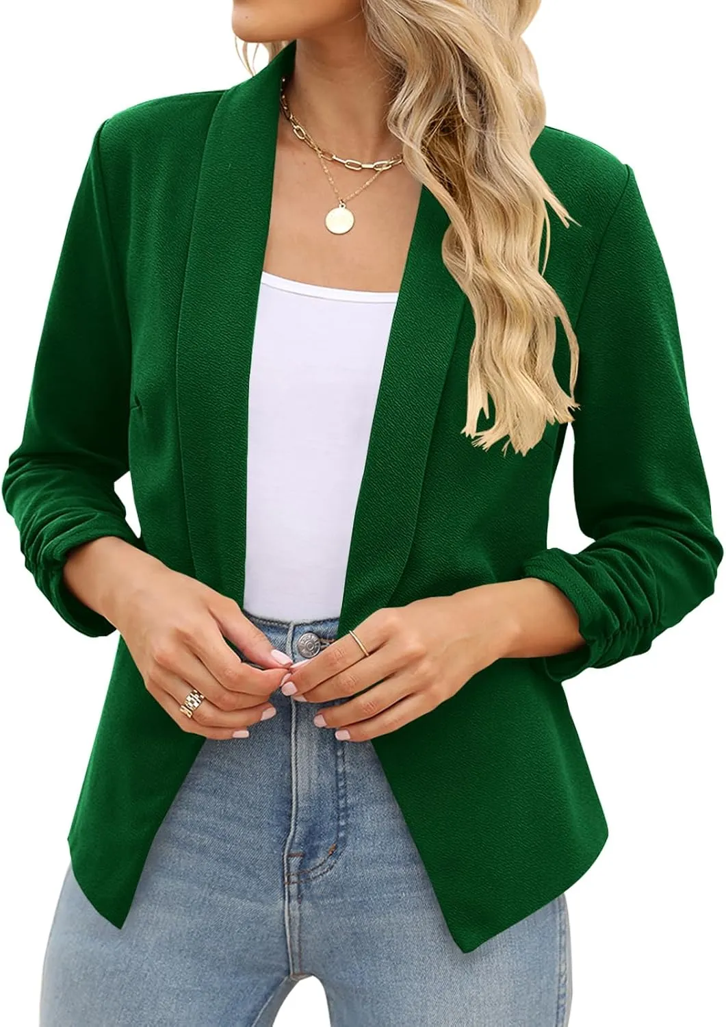 POGTMM Women 3/4 Sleeve Blazer Open Front Cardigan Jacket Work Office Blazer