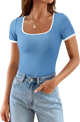 PRETTYGARDEN Women's Summer Short Sleeve T Shirts Ribbed Knit Square Neck Color Block Slim Fit Basic Casual Crop Tops Blouses