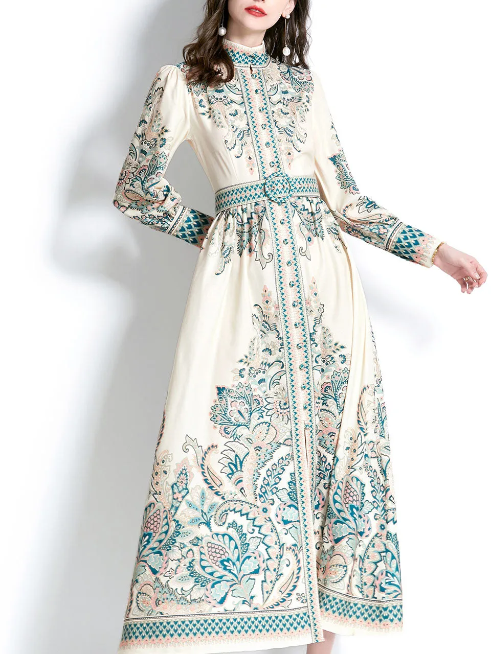 Purple Stand Collar Floral Print Long Sleeve Boho Dress Maxi Dress With Botton