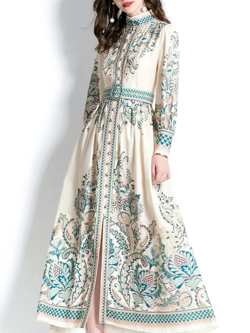 Purple Stand Collar Floral Print Long Sleeve Boho Dress Maxi Dress With Botton