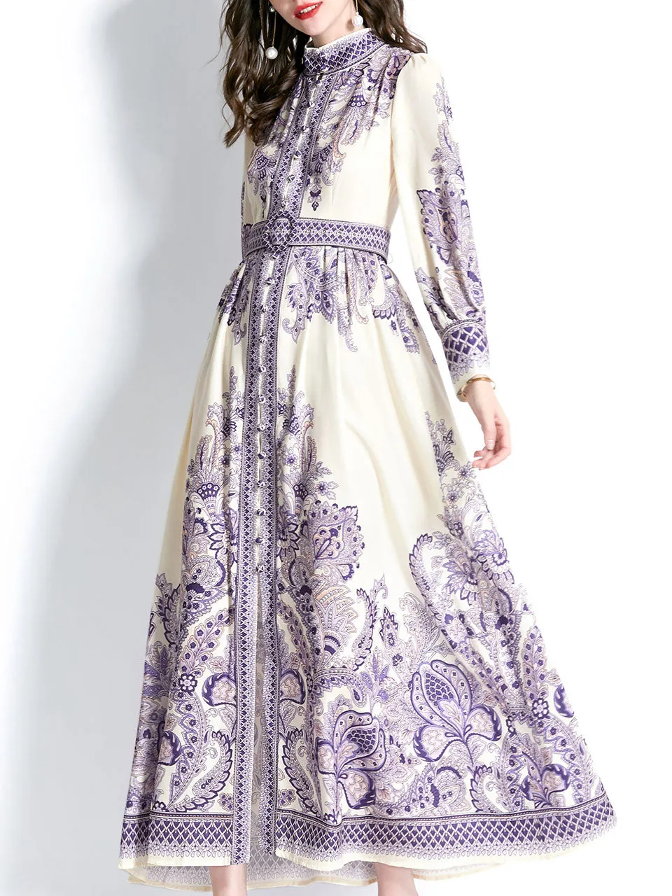 Purple Stand Collar Floral Print Long Sleeve Boho Dress Maxi Dress With Botton