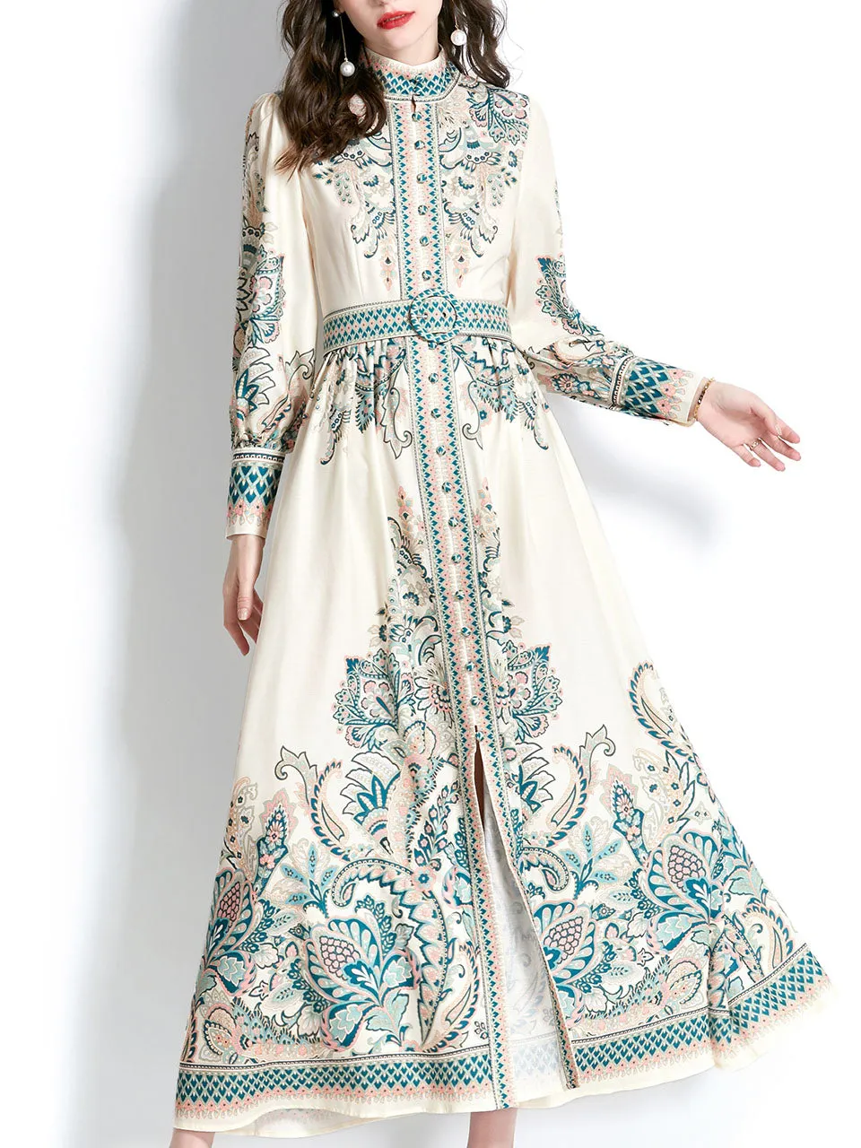 Purple Stand Collar Floral Print Long Sleeve Boho Dress Maxi Dress With Botton