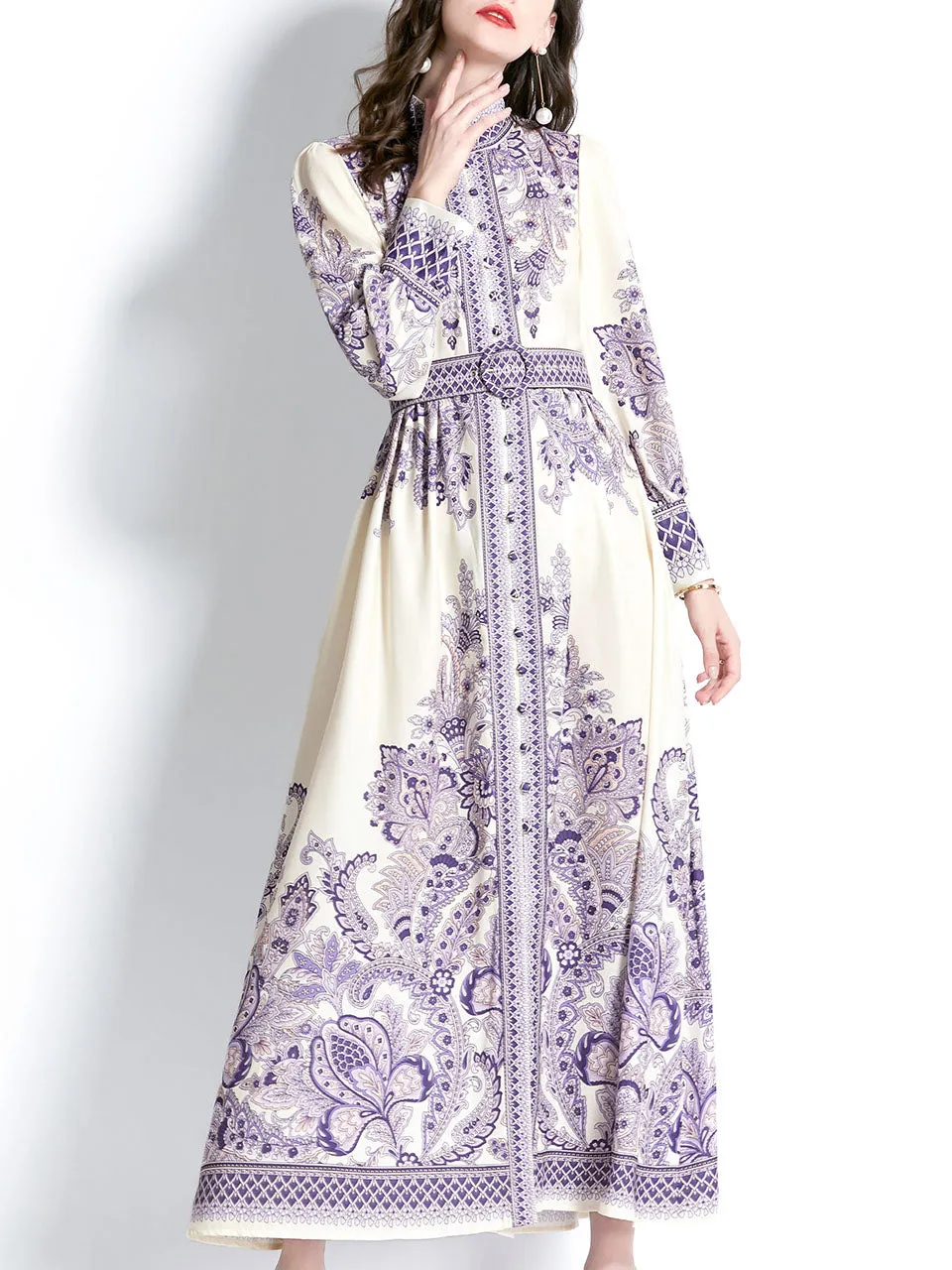 Purple Stand Collar Floral Print Long Sleeve Boho Dress Maxi Dress With Botton