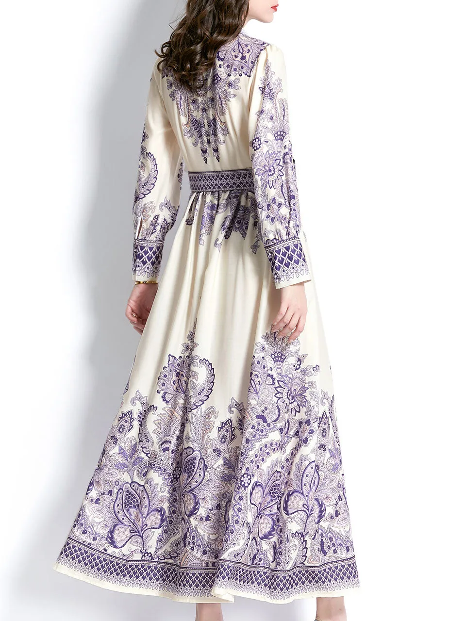 Purple Stand Collar Floral Print Long Sleeve Boho Dress Maxi Dress With Botton