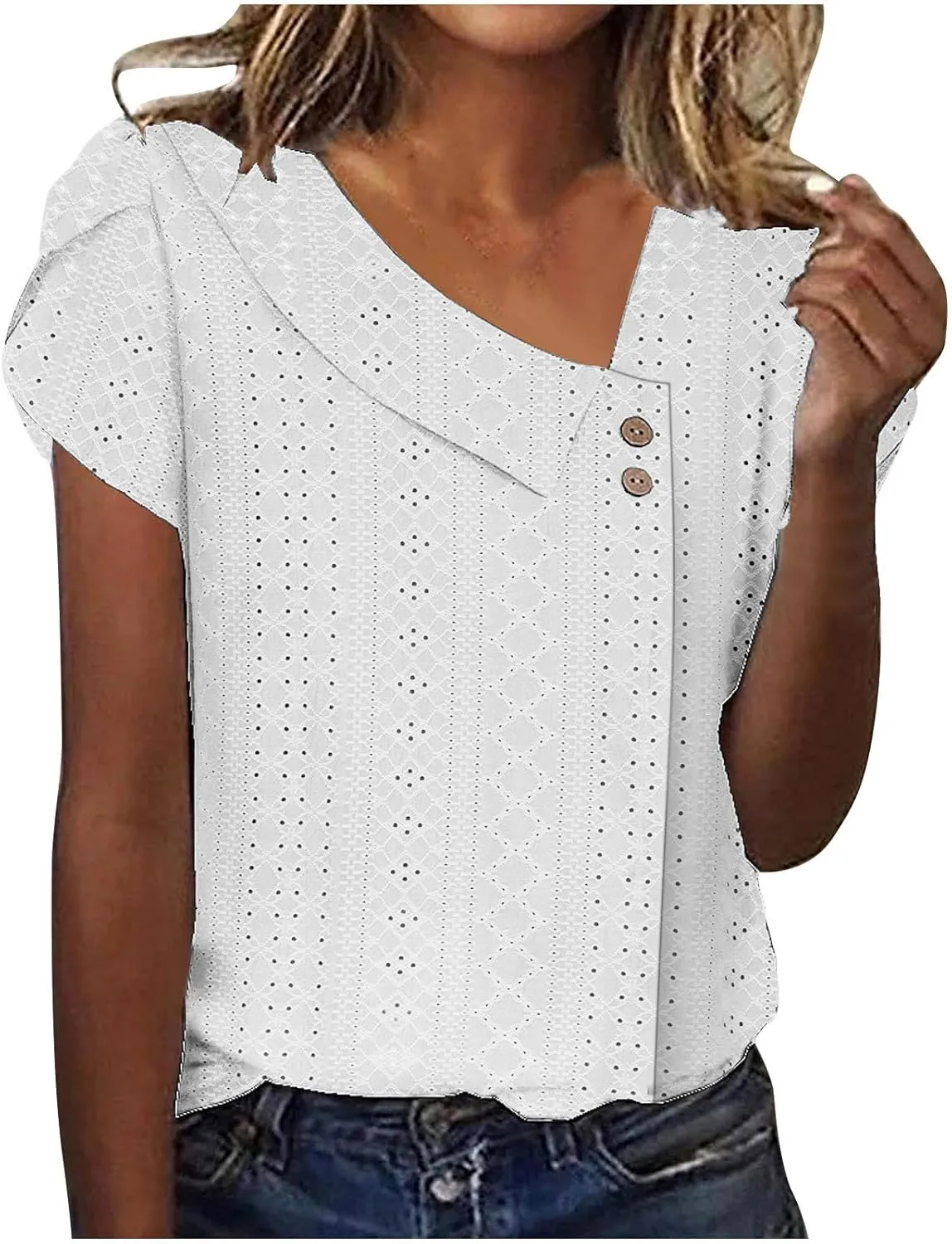 Shirts for Women Trendy Summer 2024 Petal Short Sleeve v Neck Petite Tops Cute Lace Eyelet Blouses Dressy Casual