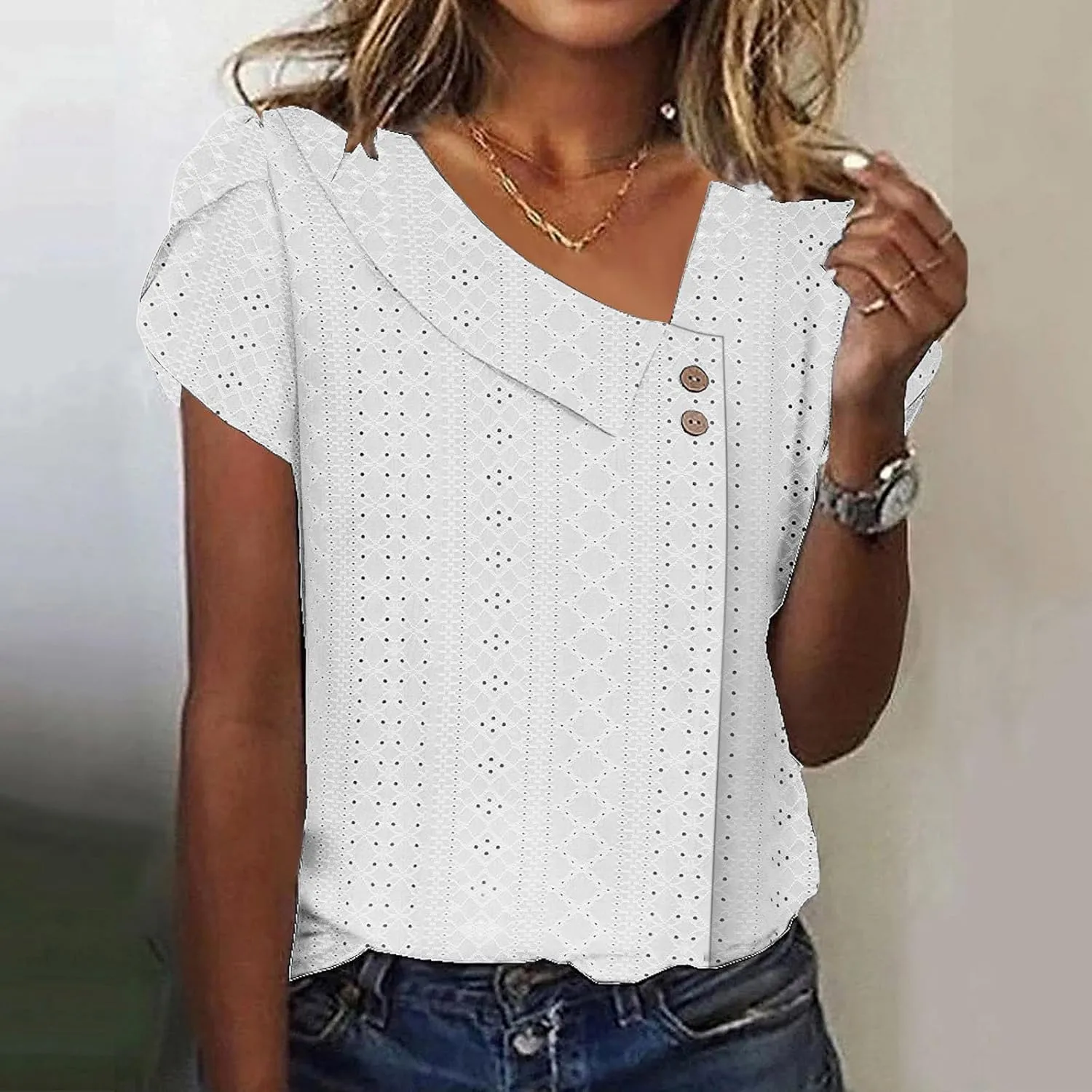 Shirts for Women Trendy Summer 2024 Petal Short Sleeve v Neck Petite Tops Cute Lace Eyelet Blouses Dressy Casual