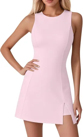 Skort Dress for Women Sleeveless Bodycon Side Slit Mini Tennis Dress with Shorts Cute Summer Active Comfy Shift Dresses