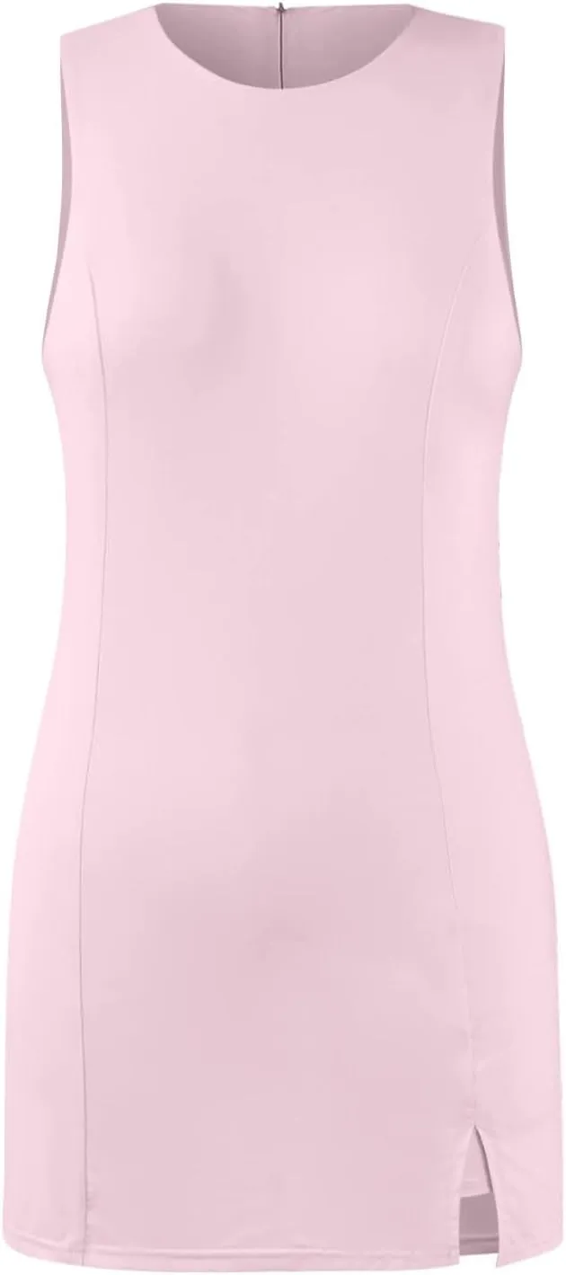 Skort Dress for Women Sleeveless Bodycon Side Slit Mini Tennis Dress with Shorts Cute Summer Active Comfy Shift Dresses