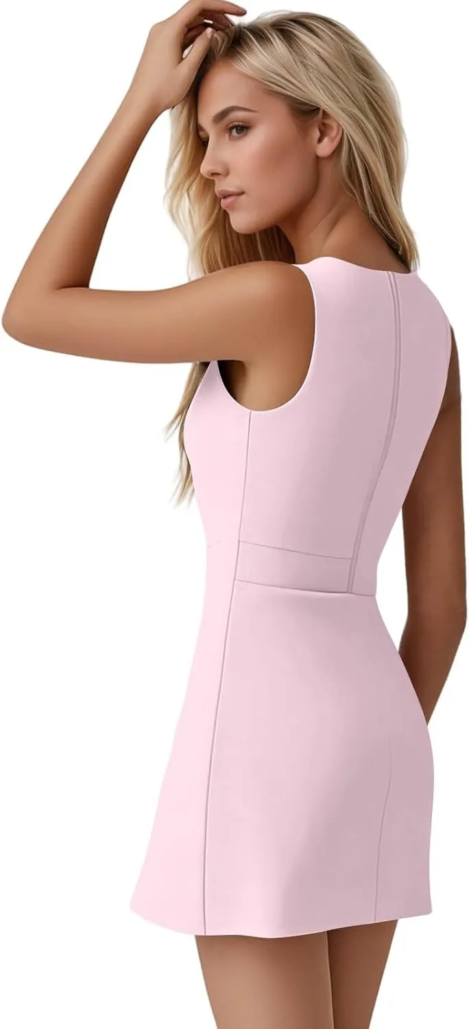 Skort Dress for Women Sleeveless Bodycon Side Slit Mini Tennis Dress with Shorts Cute Summer Active Comfy Shift Dresses