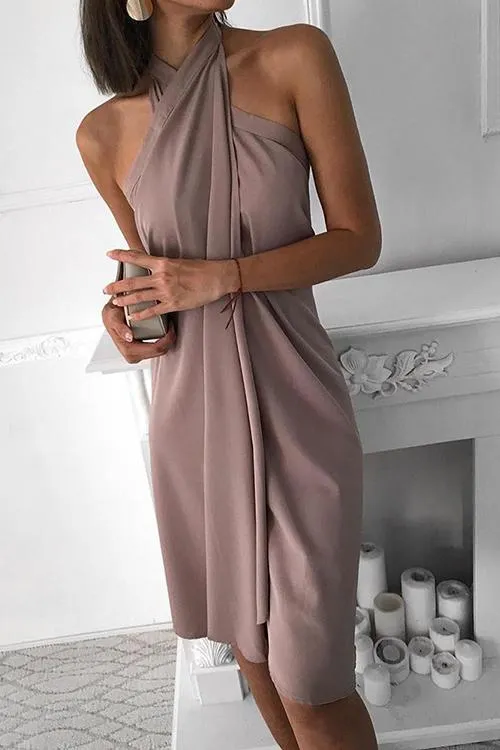 Solid Halter Neck Sleeveless Mini Dress