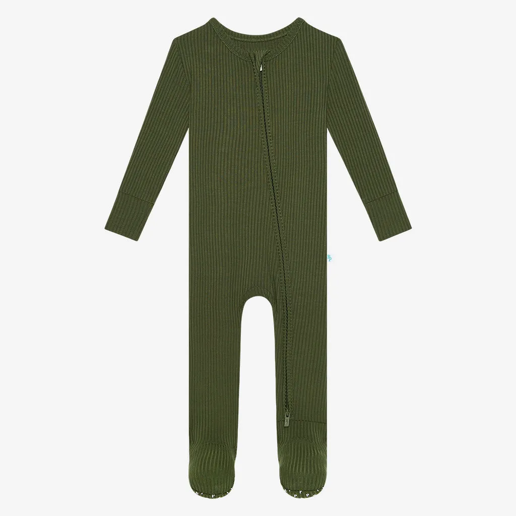 Solid Ribbed - Pine - Footie Zippered One Piece Posh Peanut