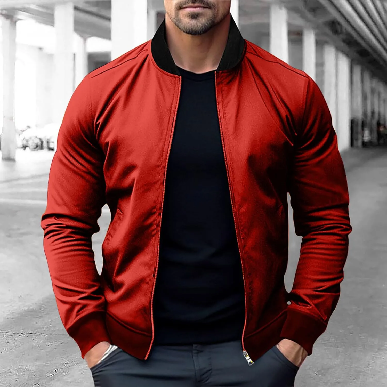 Stand Collar Bomber Jacket for Men Full Zipper Crop Coat Elastic Long Sleeve Outdoor Cardigan Outwear with Pokets