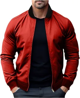 Stand Collar Bomber Jacket for Men Full Zipper Crop Coat Elastic Long Sleeve Outdoor Cardigan Outwear with Pokets