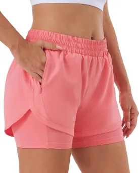 Stelle Women 2 in 1 Running Shorts High Waisted Athletic Shorts Gym Workout Shorts with Liner Zipper Pockets