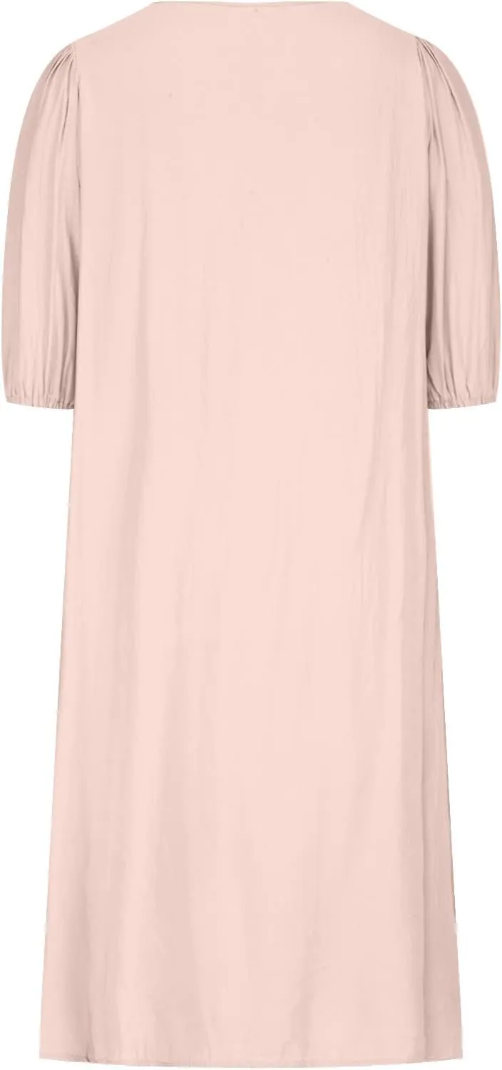 Summer Cotton Linen Dress for Ladies 2024 Womens Casual Midi Dress Half Sleeve Solid Tshirt Dress Fashion Boho Dress