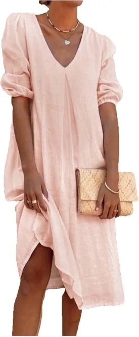 Summer Cotton Linen Dress for Ladies 2024 Womens Casual Midi Dress Half Sleeve Solid Tshirt Dress Fashion Boho Dress