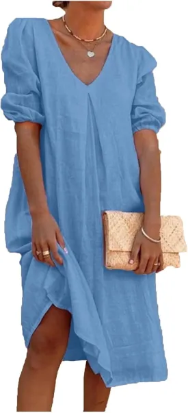 Summer Cotton Linen Dress for Ladies 2024 Womens Casual Midi Dress Half Sleeve Solid Tshirt Dress Fashion Boho Dress