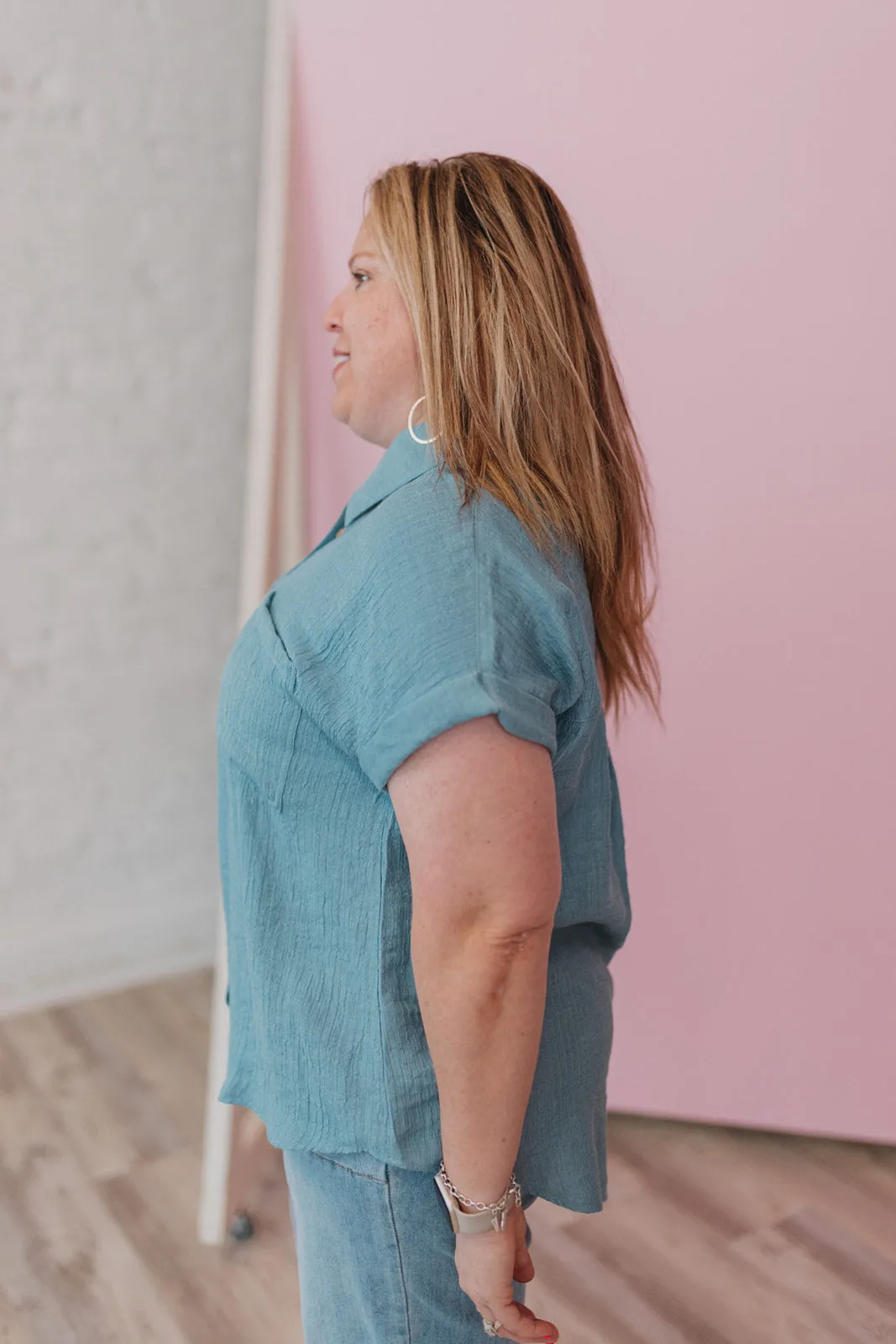 Take The Journey Dusty Blue Button Up Blouse - Extended Sizes