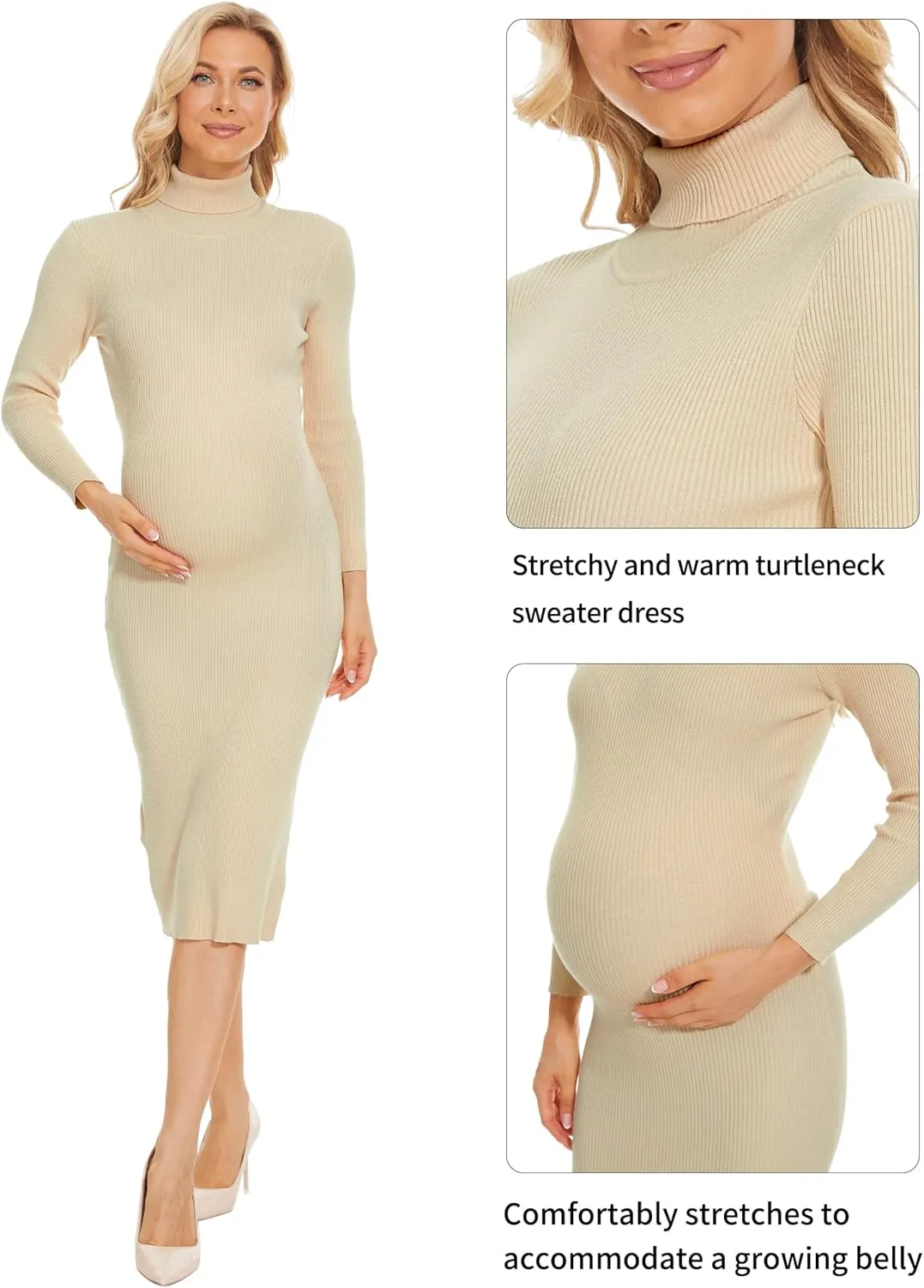 Turtleneck Maternity Dress Rib Knit Long Sleeve Photoshoot Baby Shower Dress Side Ruched Slit Pregnancy Sweater Dress