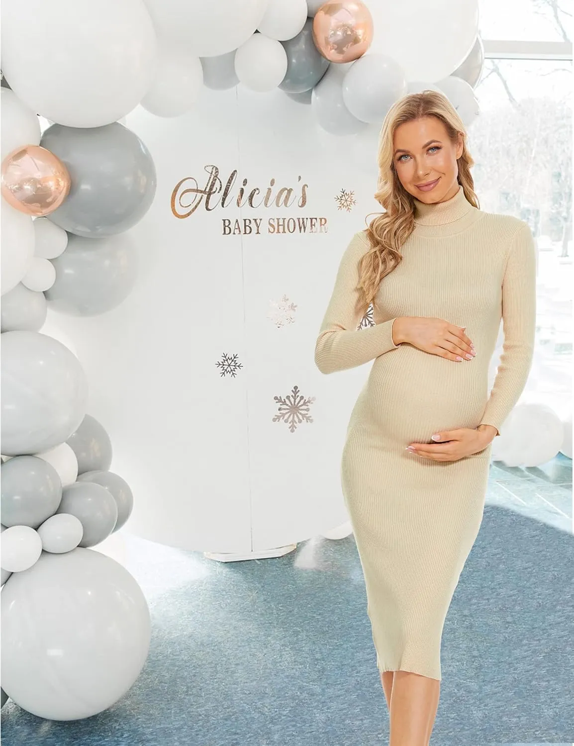 Turtleneck Maternity Dress Rib Knit Long Sleeve Photoshoot Baby Shower Dress Side Ruched Slit Pregnancy Sweater Dress