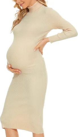 Turtleneck Maternity Dress Rib Knit Long Sleeve Photoshoot Baby Shower Dress Side Ruched Slit Pregnancy Sweater Dress
