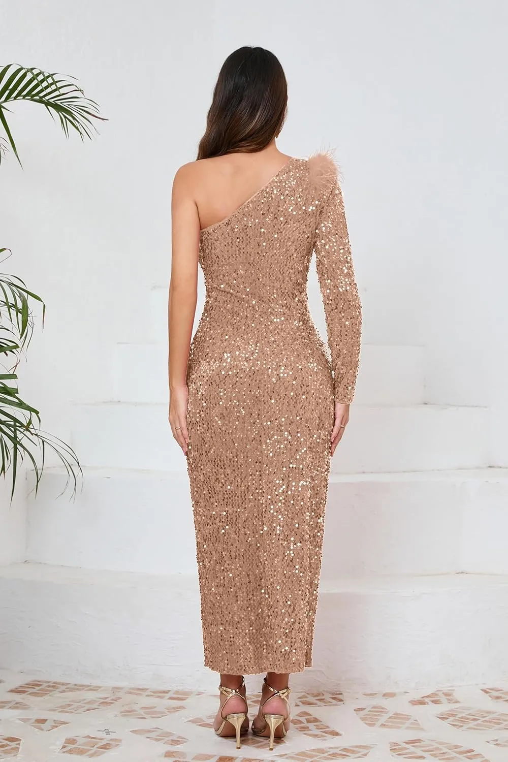 VERWIN Women's Sequins Dress One Shoulder Bodycon Oblique Collar Maxi Dress Sparkly Spilt Wrap Cocktail Dress