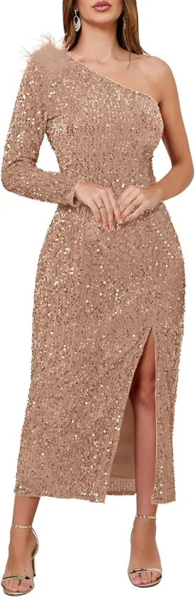 VERWIN Women's Sequins Dress One Shoulder Bodycon Oblique Collar Maxi Dress Sparkly Spilt Wrap Cocktail Dress