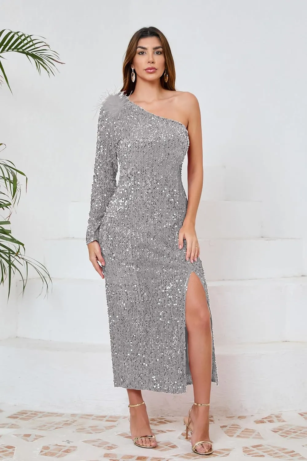 VERWIN Women's Sequins Dress One Shoulder Bodycon Oblique Collar Maxi Dress Sparkly Spilt Wrap Cocktail Dress