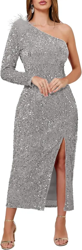 VERWIN Women's Sequins Dress One Shoulder Bodycon Oblique Collar Maxi Dress Sparkly Spilt Wrap Cocktail Dress