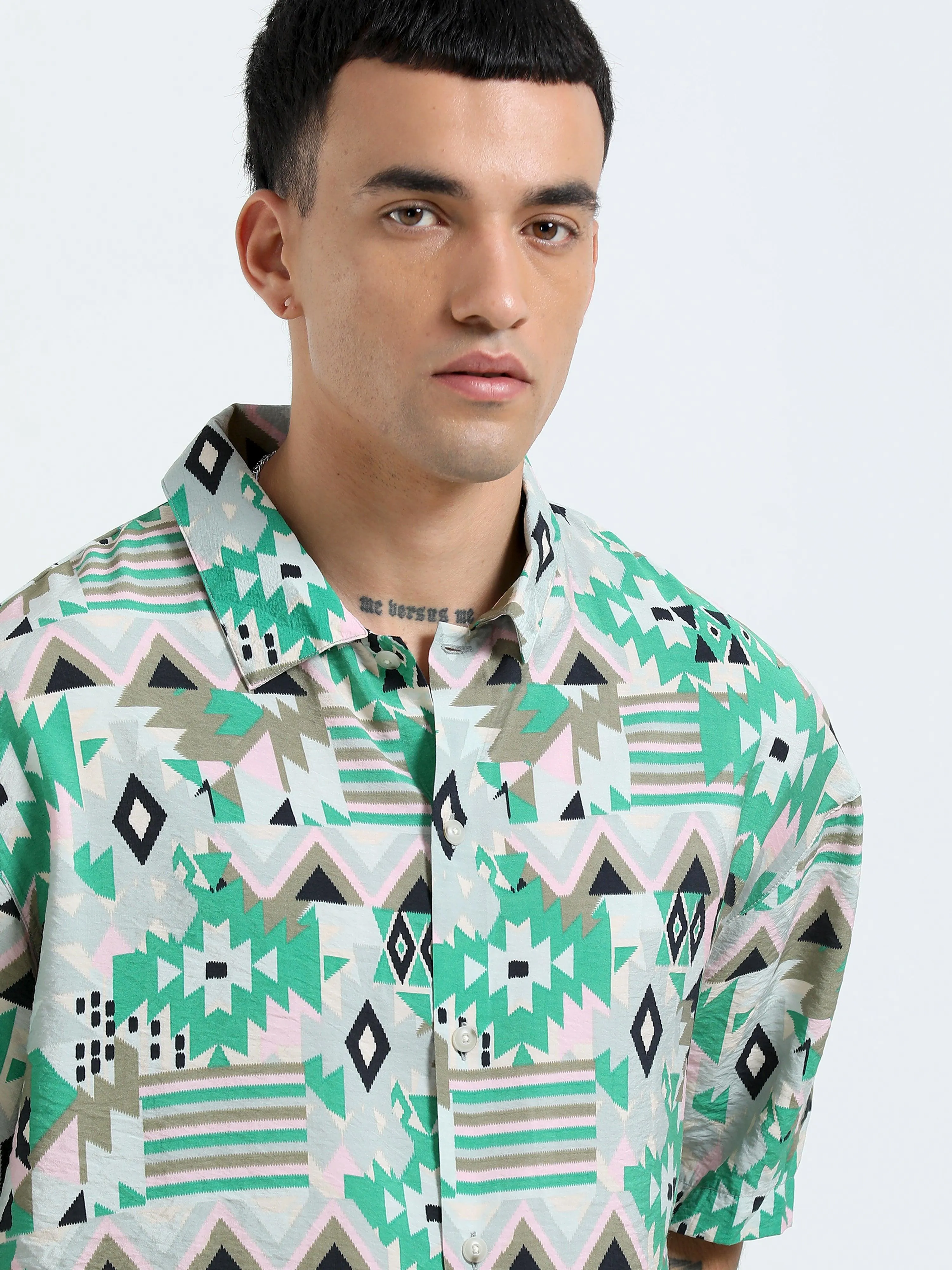 Whisp Cropped Baggy Geometric Printed Shirt - Green