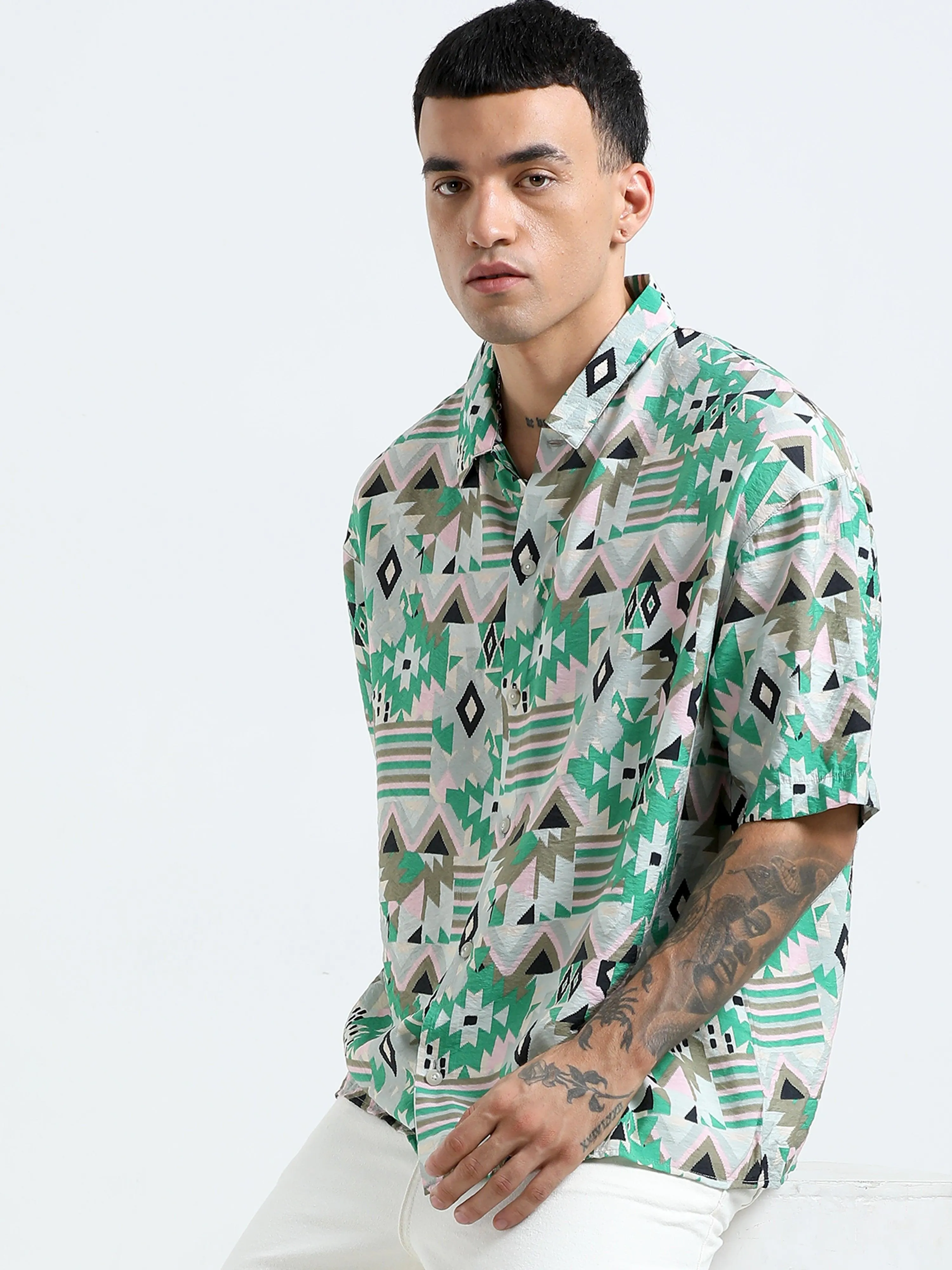 Whisp Cropped Baggy Geometric Printed Shirt - Green
