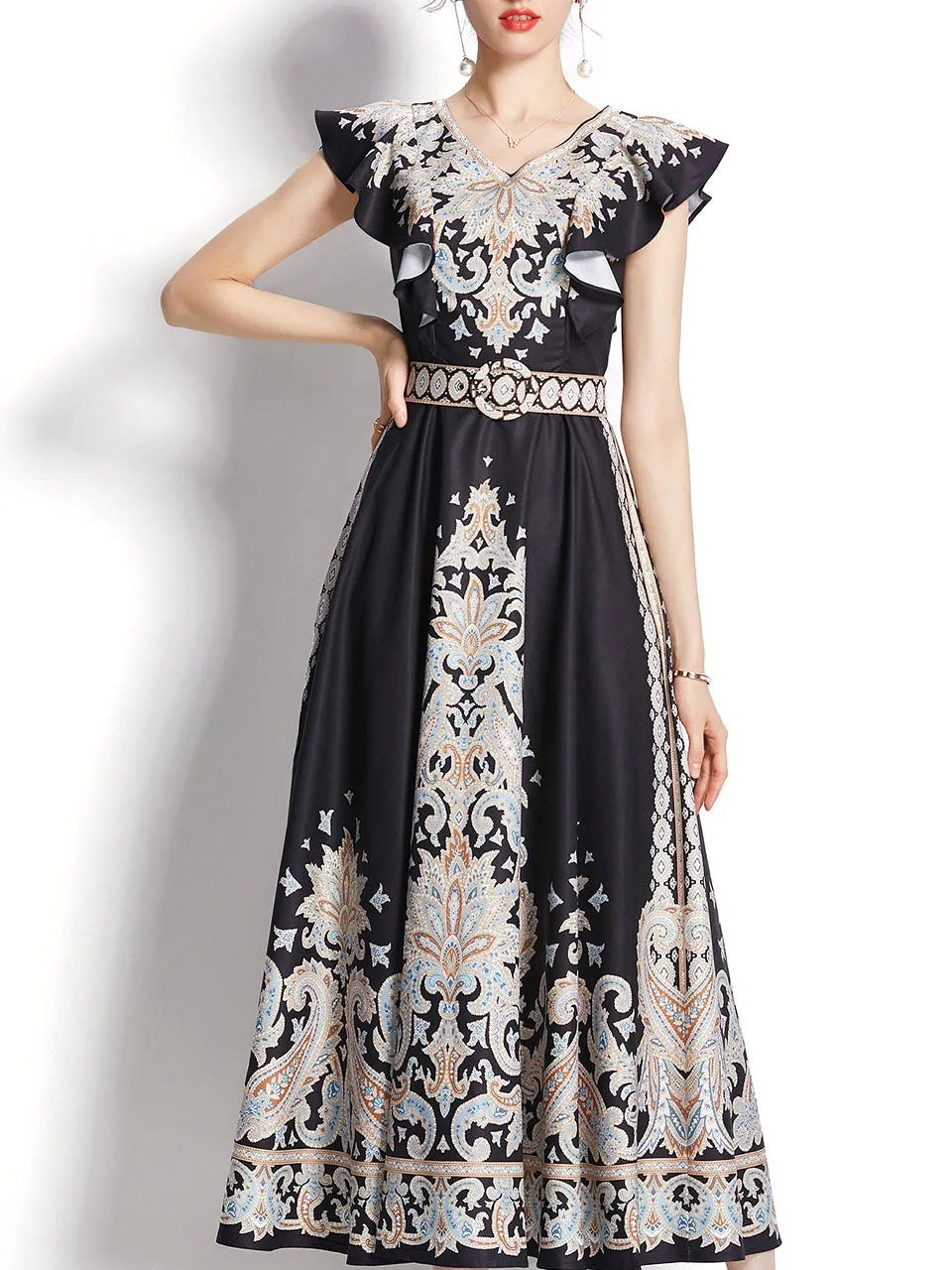 White Floral Print V Neck Butterfly Sleeveless Bohemian Dress Maxi Dress