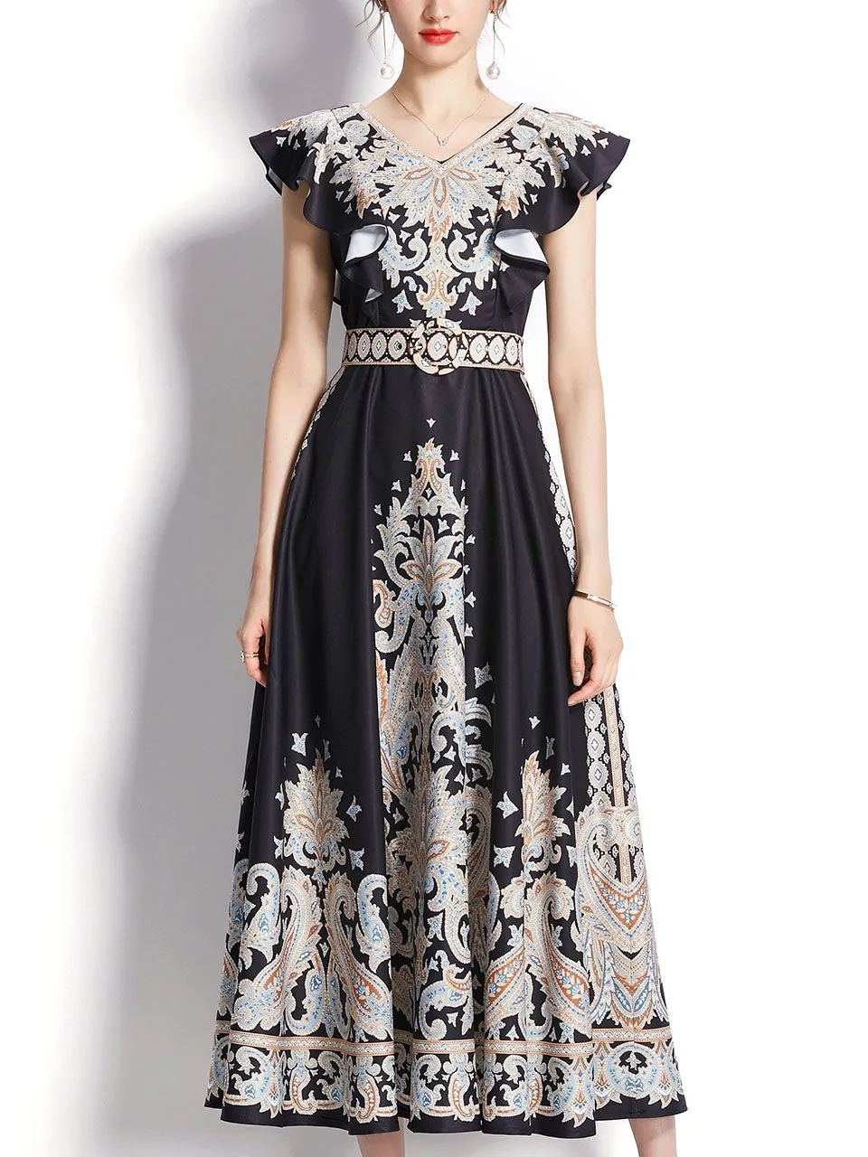 White Floral Print V Neck Butterfly Sleeveless Bohemian Dress Maxi Dress