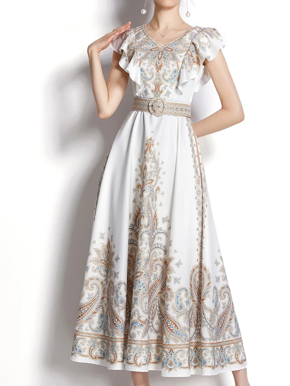 White Floral Print V Neck Butterfly Sleeveless Bohemian Dress Maxi Dress