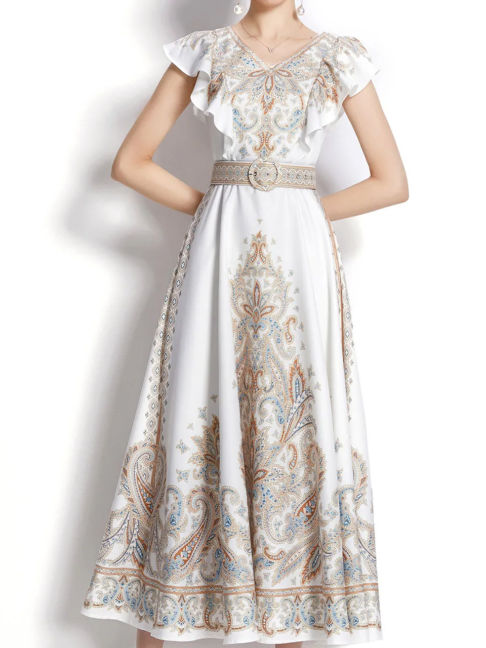 White Floral Print V Neck Butterfly Sleeveless Bohemian Dress Maxi Dress
