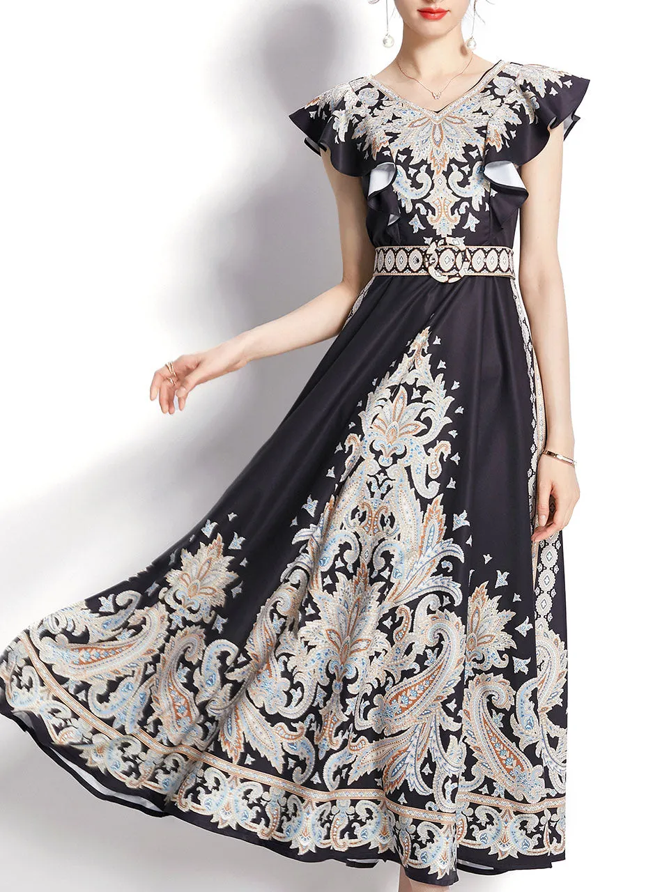 White Floral Print V Neck Butterfly Sleeveless Bohemian Dress Maxi Dress