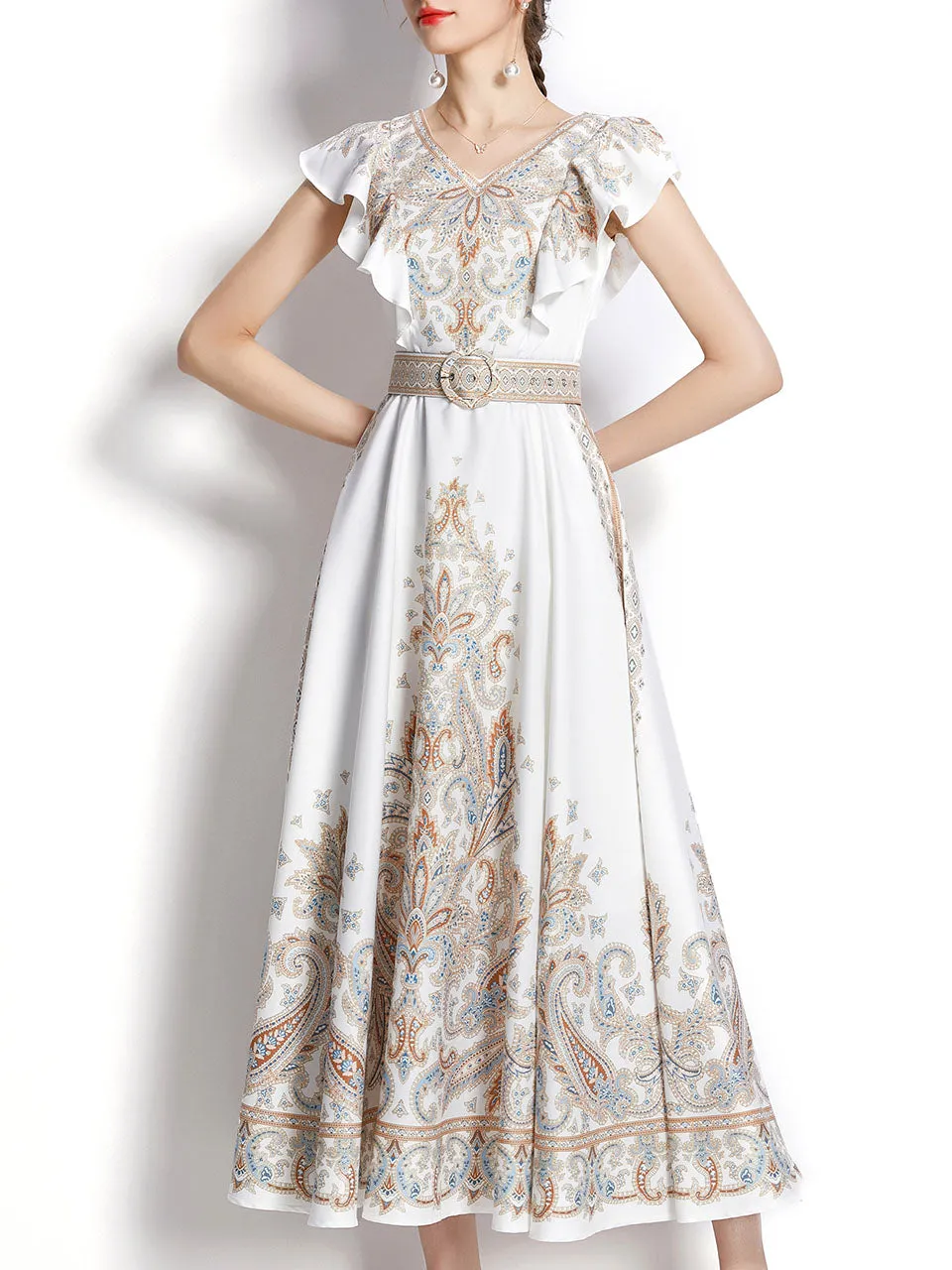 White Floral Print V Neck Butterfly Sleeveless Bohemian Dress Maxi Dress