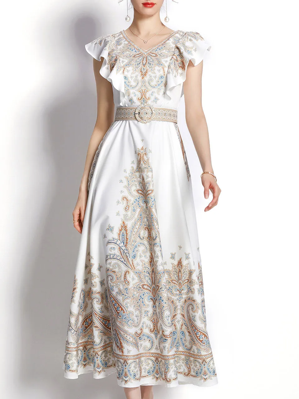 White Floral Print V Neck Butterfly Sleeveless Bohemian Dress Maxi Dress