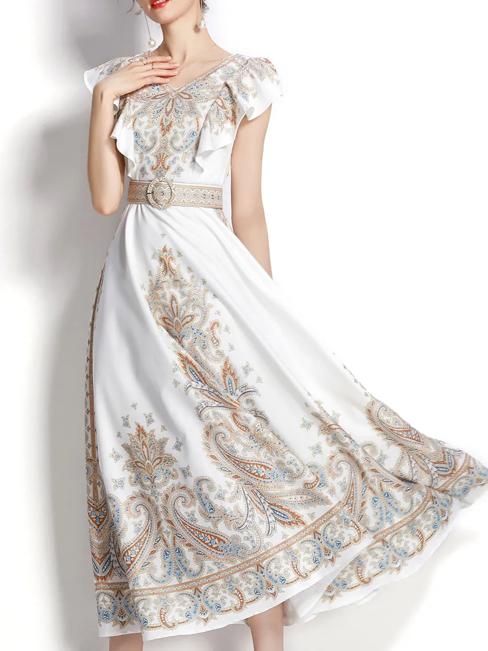 White Floral Print V Neck Butterfly Sleeveless Bohemian Dress Maxi Dress
