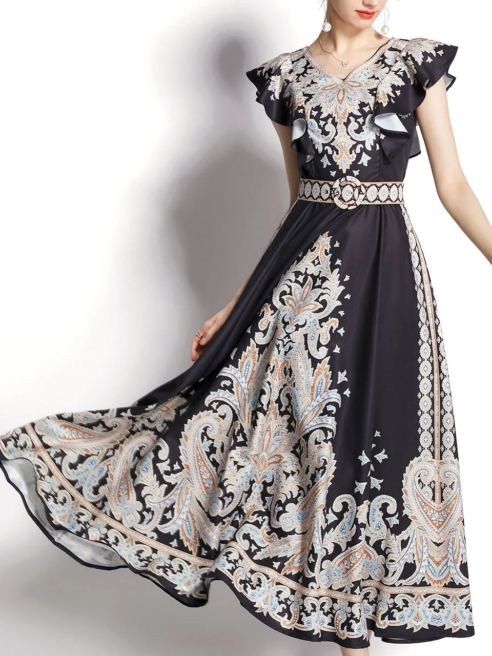 White Floral Print V Neck Butterfly Sleeveless Bohemian Dress Maxi Dress