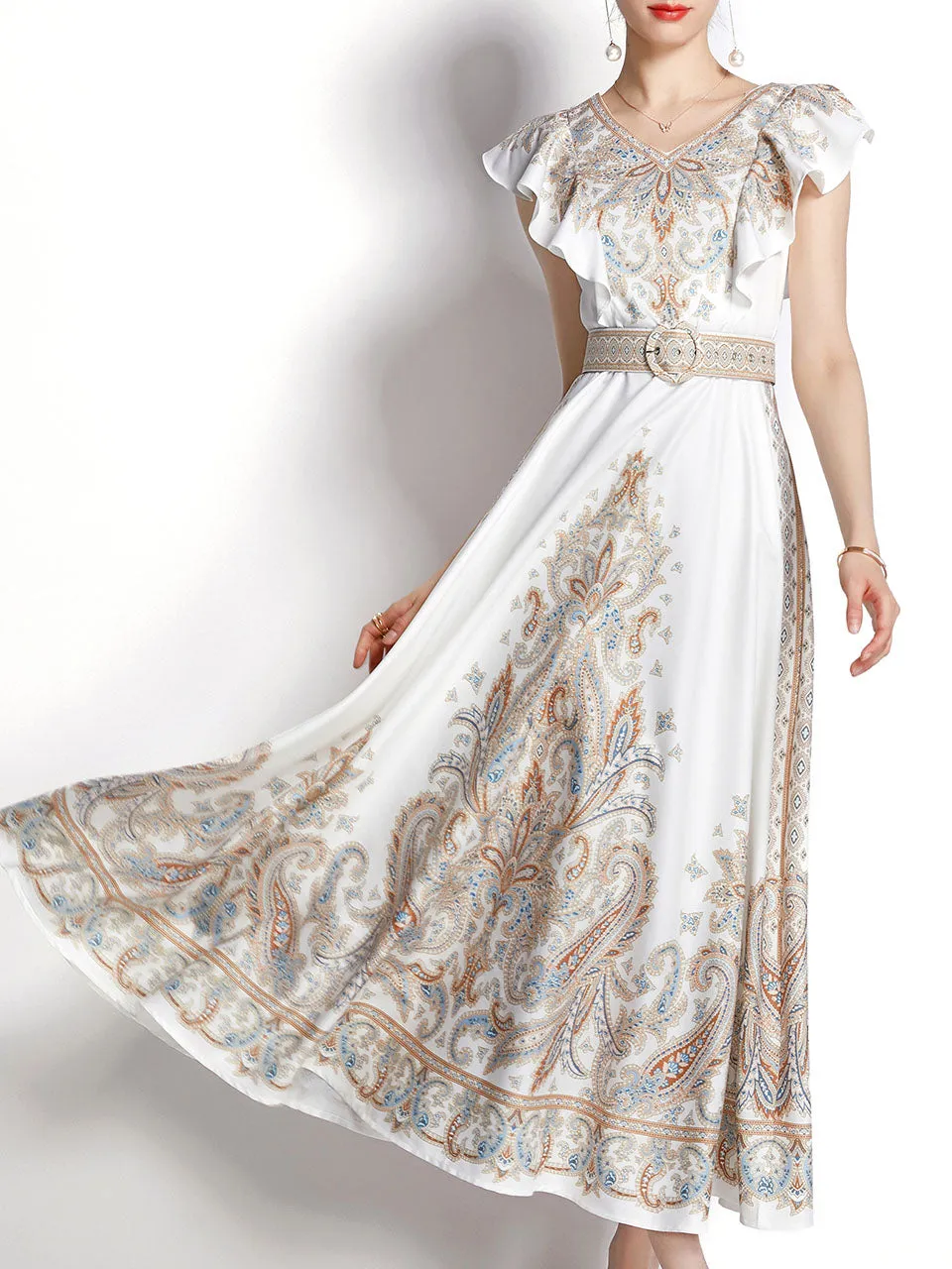 White Floral Print V Neck Butterfly Sleeveless Bohemian Dress Maxi Dress