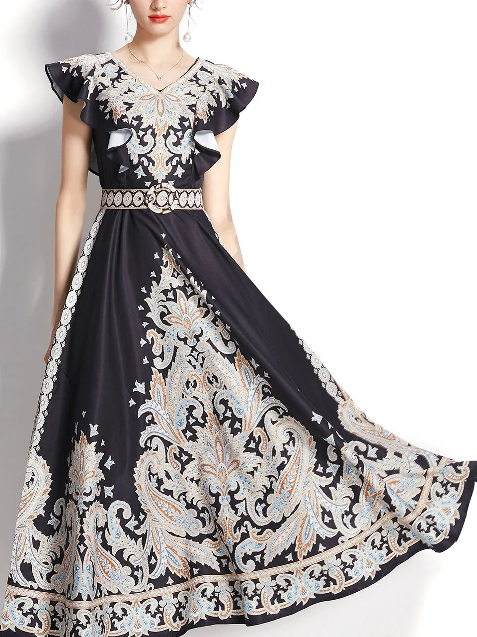 White Floral Print V Neck Butterfly Sleeveless Bohemian Dress Maxi Dress
