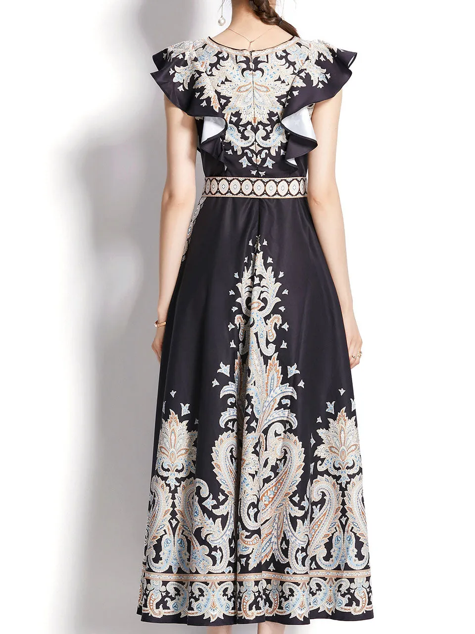 White Floral Print V Neck Butterfly Sleeveless Bohemian Dress Maxi Dress