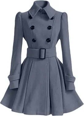 WIWIQS Women Winter Wool Blend Pea Coat Double Breasted Swing Jackets Pleated Mid-Long Outwear with Belt Buckle