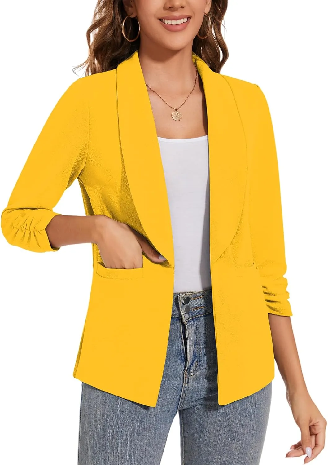 Women Casual Shawl Lapel Collar Blazer Ruched 3/4 Sleeve Open Front Business Office Suit Jacket Pocket
