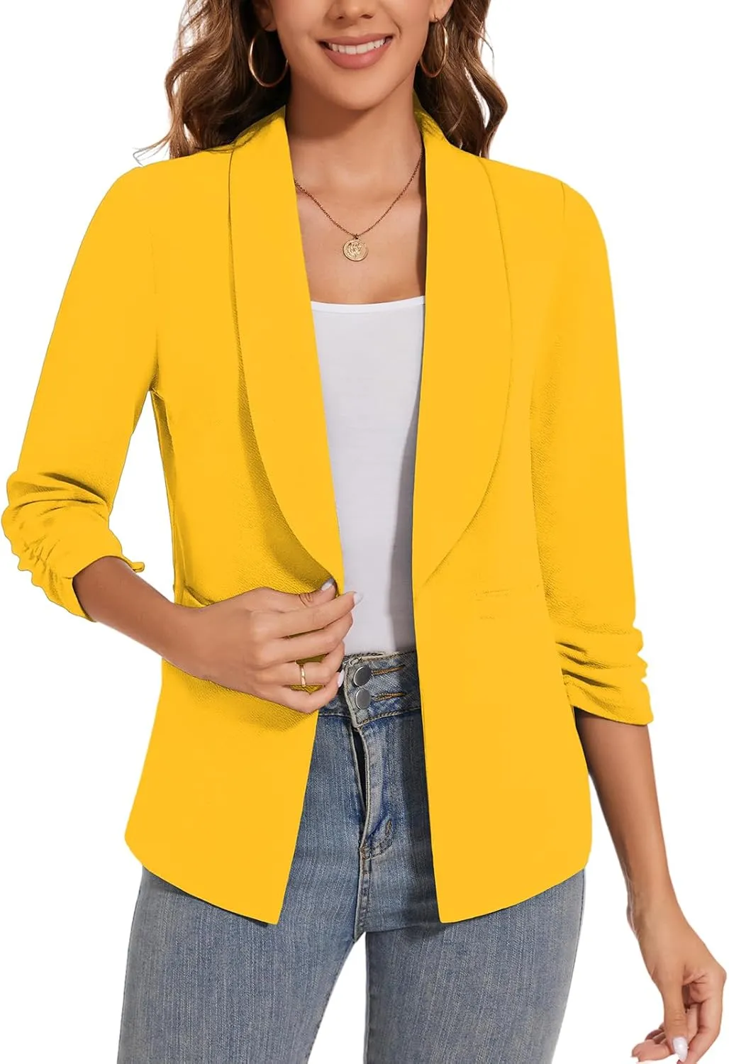 Women Casual Shawl Lapel Collar Blazer Ruched 3/4 Sleeve Open Front Business Office Suit Jacket Pocket