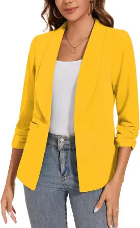 Women Casual Shawl Lapel Collar Blazer Ruched 3/4 Sleeve Open Front Business Office Suit Jacket Pocket