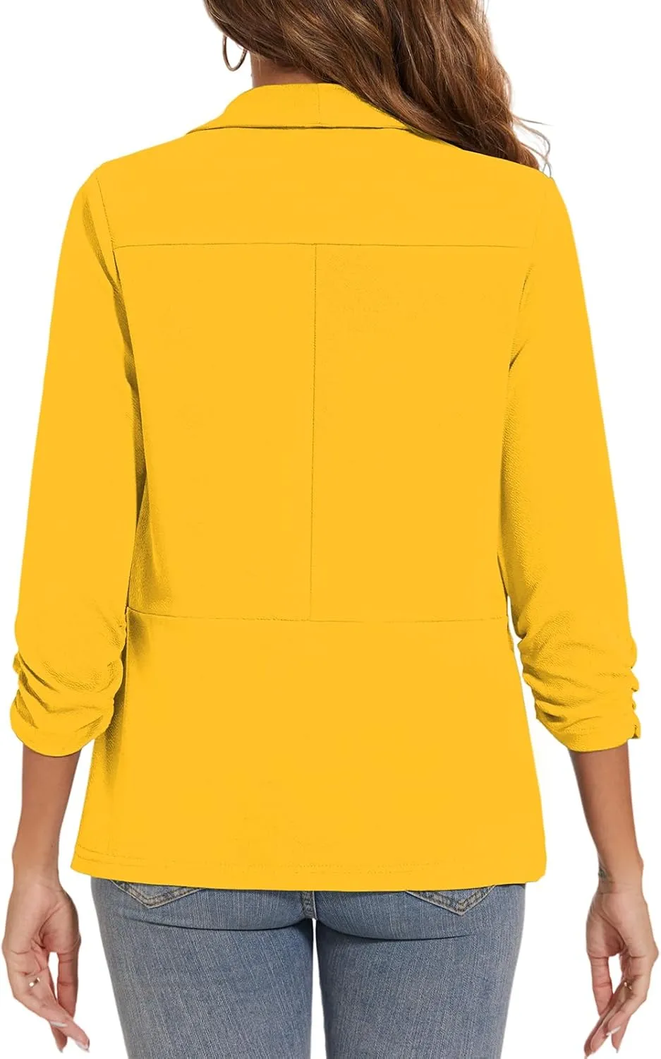 Women Casual Shawl Lapel Collar Blazer Ruched 3/4 Sleeve Open Front Business Office Suit Jacket Pocket