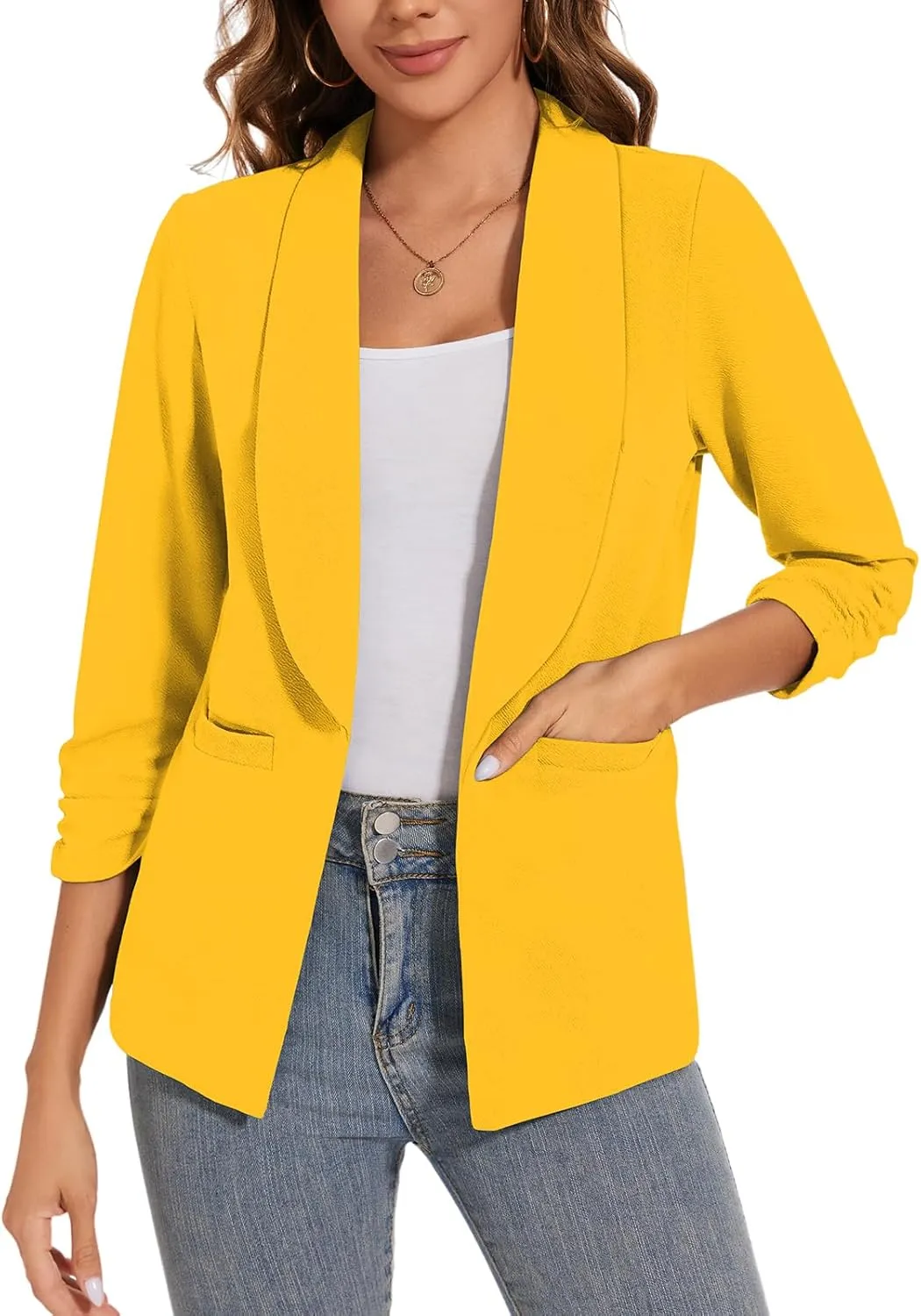 Women Casual Shawl Lapel Collar Blazer Ruched 3/4 Sleeve Open Front Business Office Suit Jacket Pocket